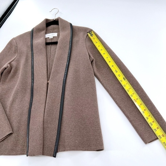 Calvin Klein Women's sz M Taupe/Black Open Front Knit Cardigan Faux Leather Trim - Picture 4 of 13